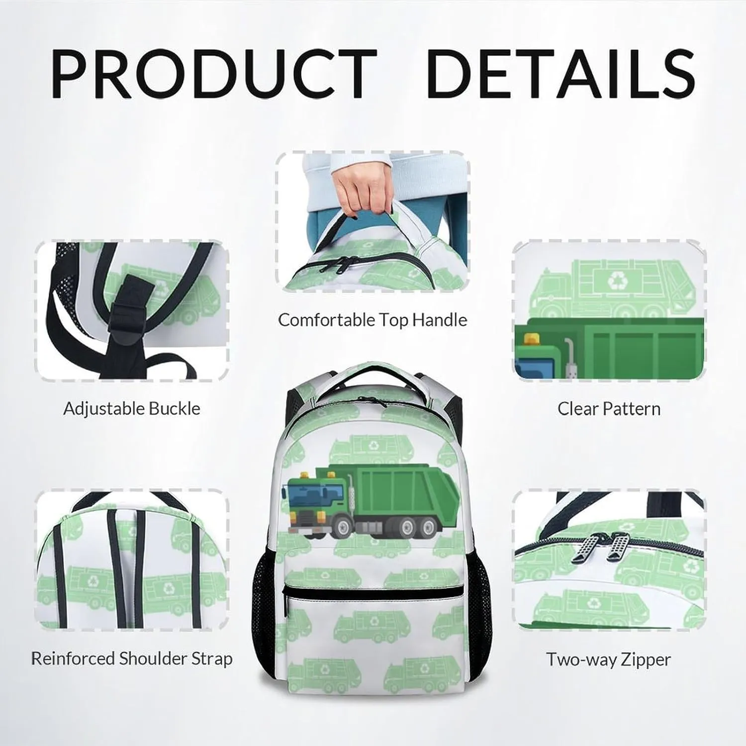 Kid Backpack for Boys - 17 Inch Garbage Truck School Backpack - Green Bookbag for School, Travel and Camp - Durable, Large Capacity, Lightweight