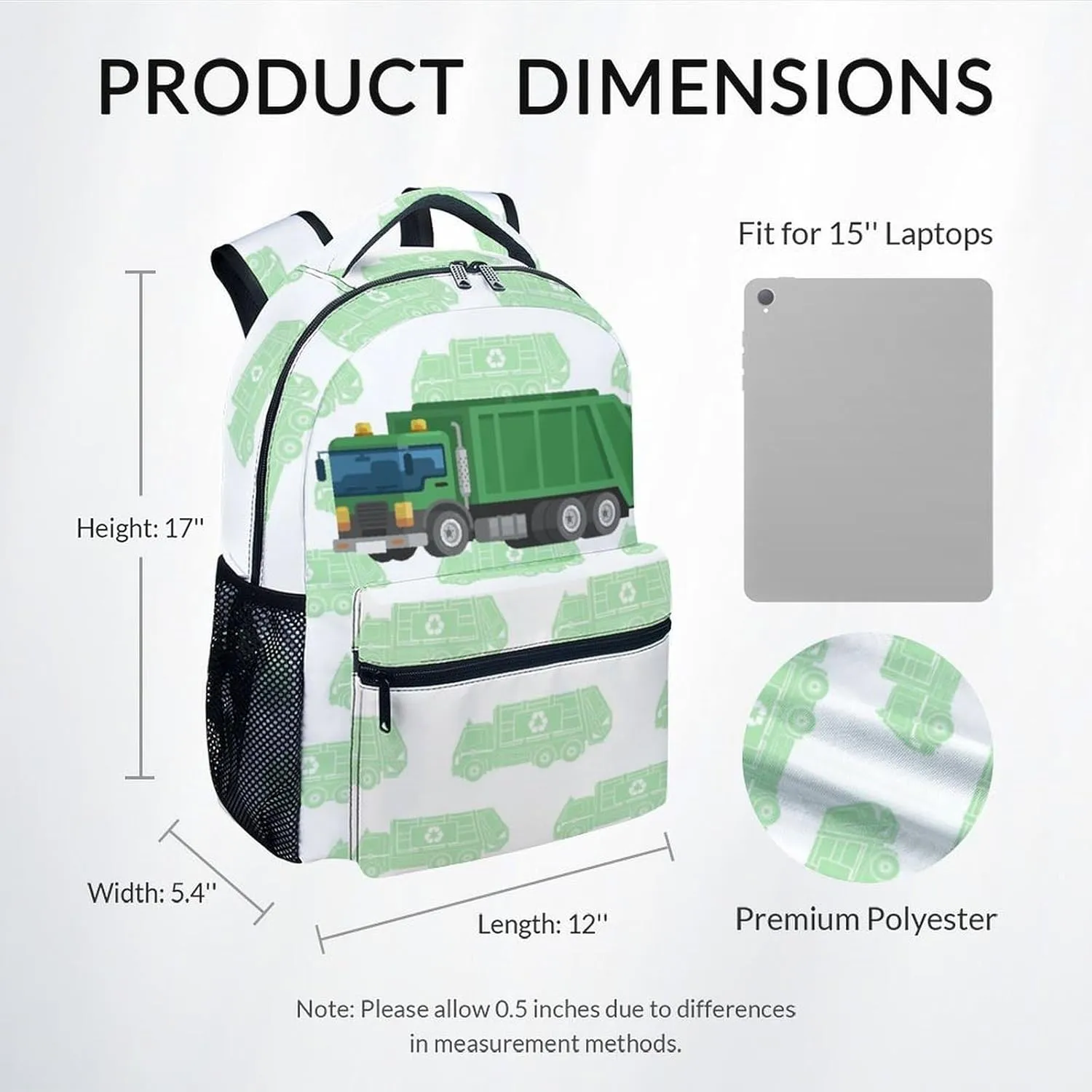 Kid Backpack for Boys - 17 Inch Garbage Truck School Backpack - Green Bookbag for School, Travel and Camp - Durable, Large Capacity, Lightweight