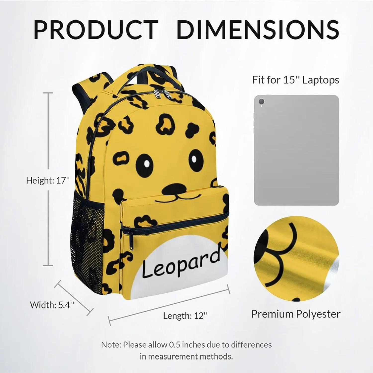 Kid Backpack for Girls - 17 Inch Leopard School Backpack - Large Capacity, Durable, Lightweight - Yellow Schoolbag for School, Travel and Camp