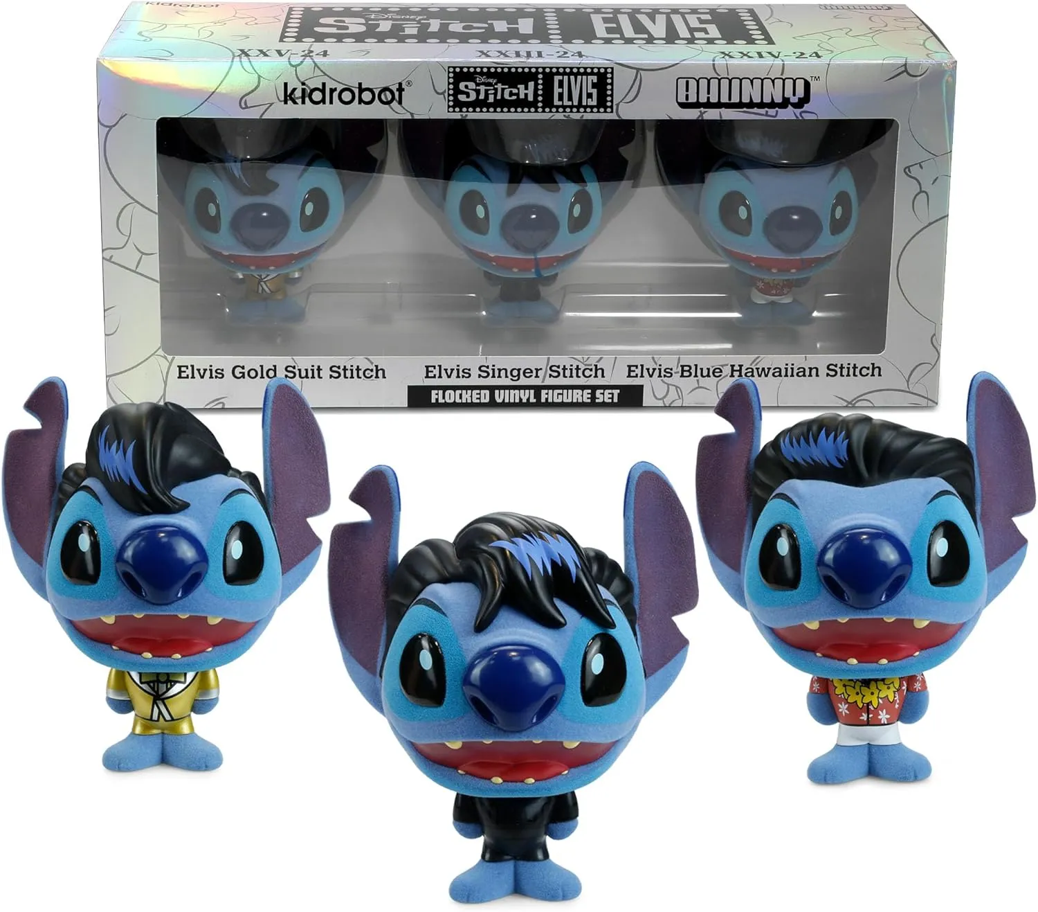 Kidrobot Disney Stitch Elvis Bhunny Flocked Vinyl Figure 3pk Set- Officially Licensed Collectible Lilo & Stitch Figurine, 3 Vinyl Figures in Elvis Gold Suit, Black Jumpsuit, Hawaiian Shirt, 4 Inch