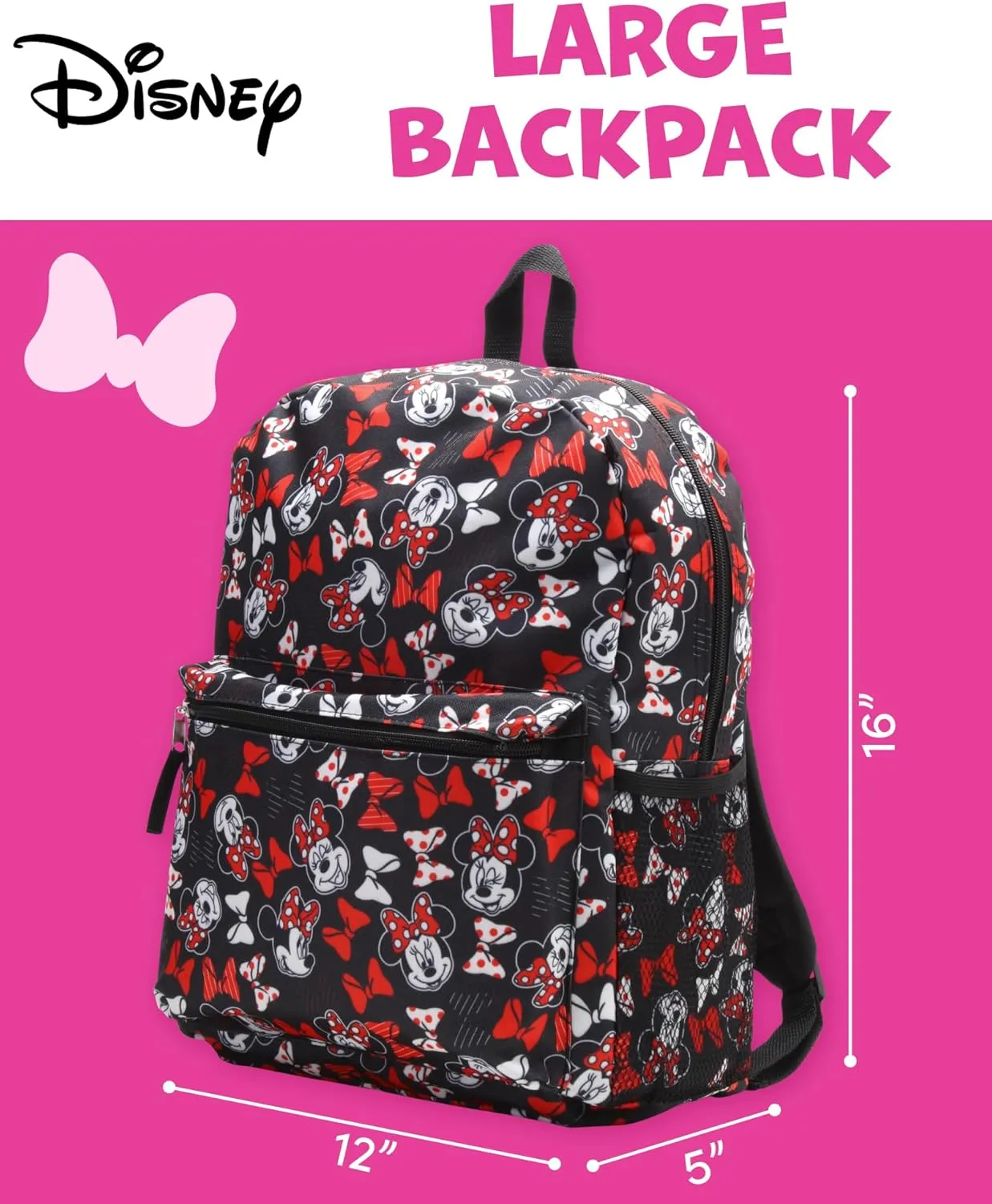 Kids Backpack - 16" School Bookbag - Disney Minnie, Mickey Mouse, Marvel Avengers: Kindergarten, Elementary, Size One Size, Minnie Allover