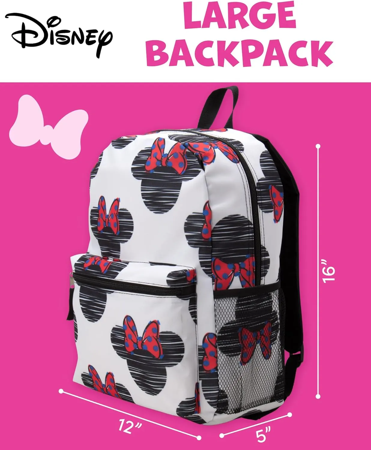 Kids Backpack - 16" School Bookbag - Disney Minnie, Mickey Mouse, Marvel Avengers: Kindergarten, Elementary, Size One Size, Minnie White