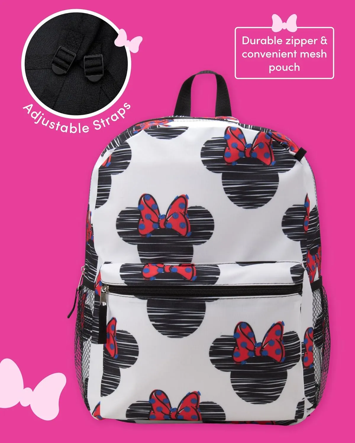 Kids Backpack - 16" School Bookbag - Disney Minnie, Mickey Mouse, Marvel Avengers: Kindergarten, Elementary, Size One Size, Minnie White