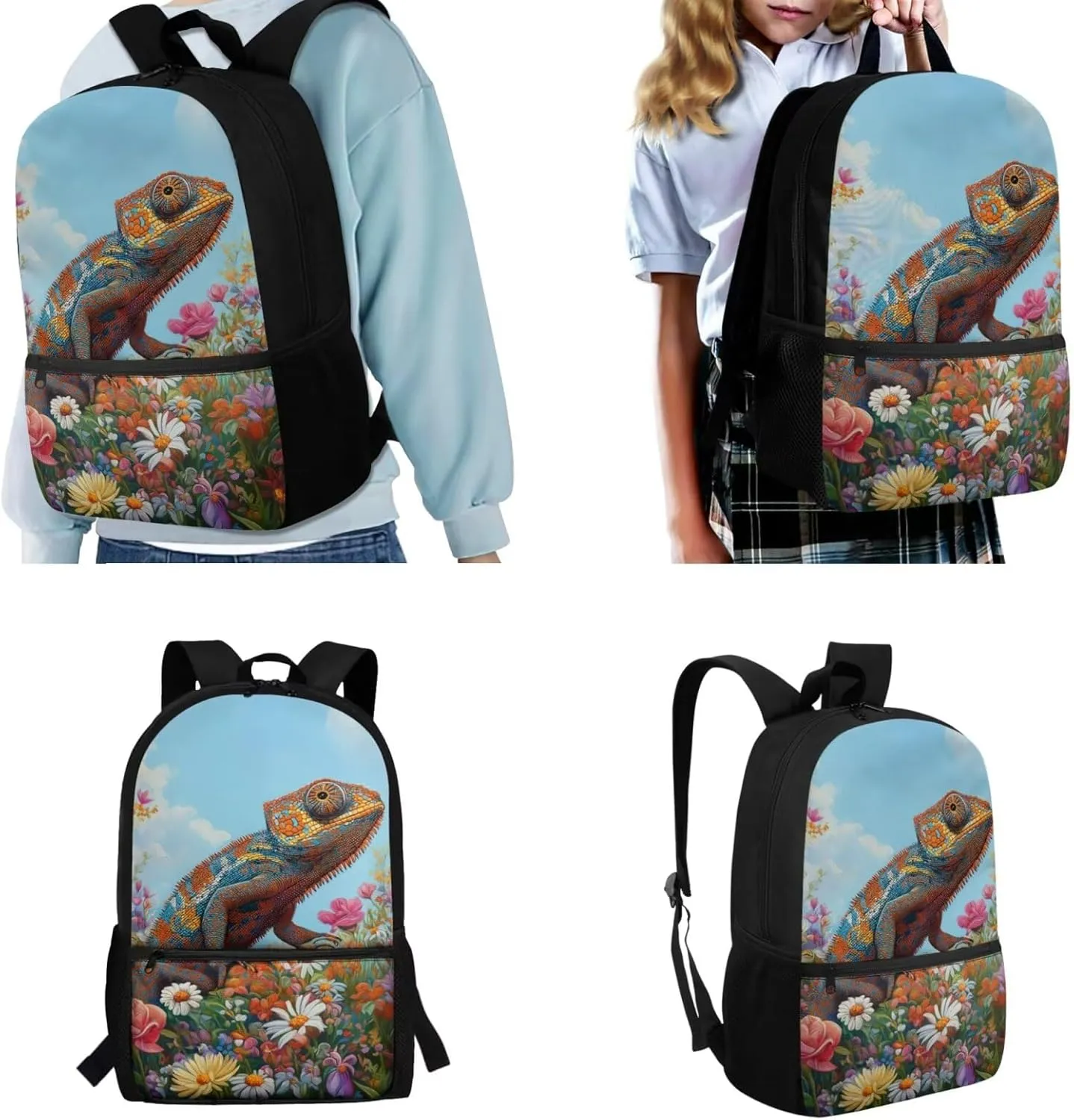 Kids Backpack Boys 4th Grade Chameleon Set of 4 Backpack for Boys with Lunch Box Large Capacity Kids Bookbags Students Back to School Supplies Daypack Bag