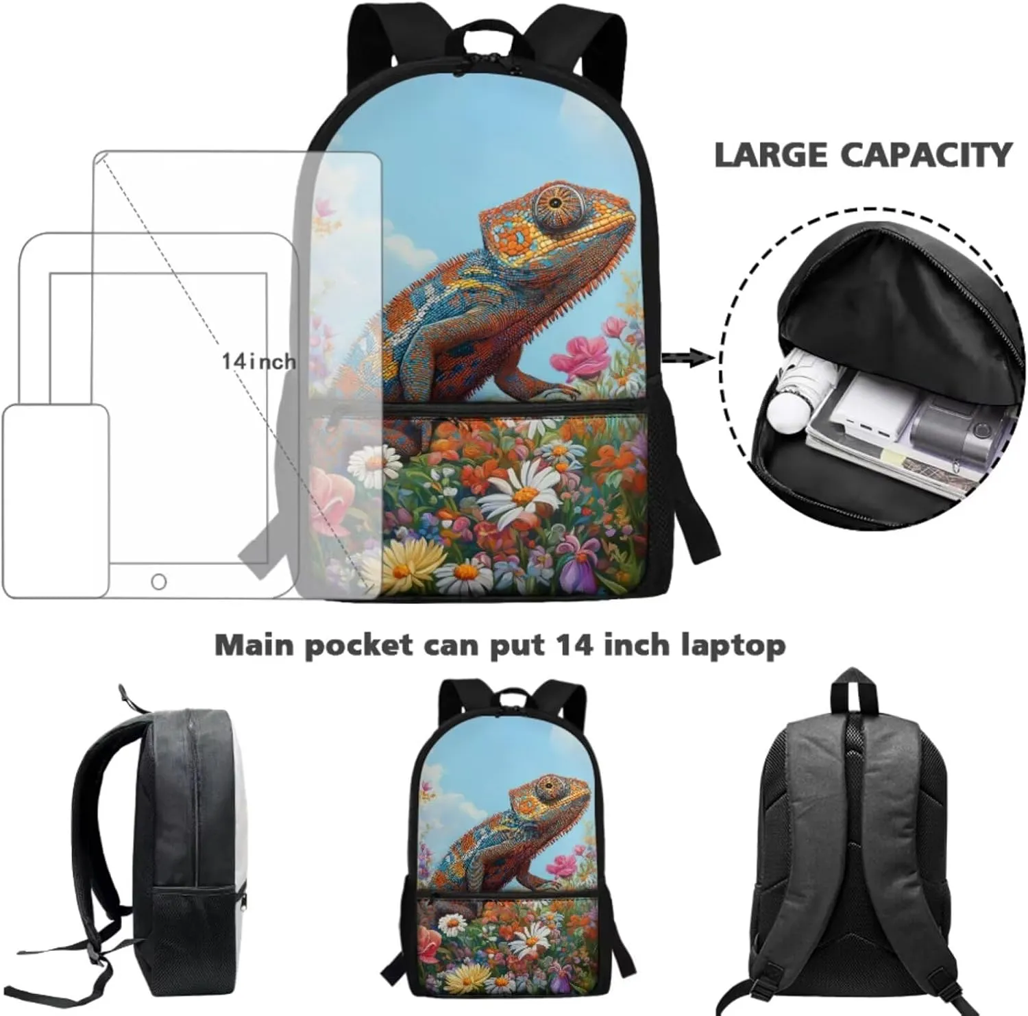 Kids Backpack Boys 4th Grade Chameleon Set of 4 Backpack for Boys with Lunch Box Large Capacity Kids Bookbags Students Back to School Supplies Daypack Bag