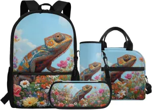 Kids Backpack Boys 4th Grade Chameleon Set of 4 Backpack for Boys with Lunch Box Large Capacity Kids Bookbags Students Back to School Supplies Daypack Bag