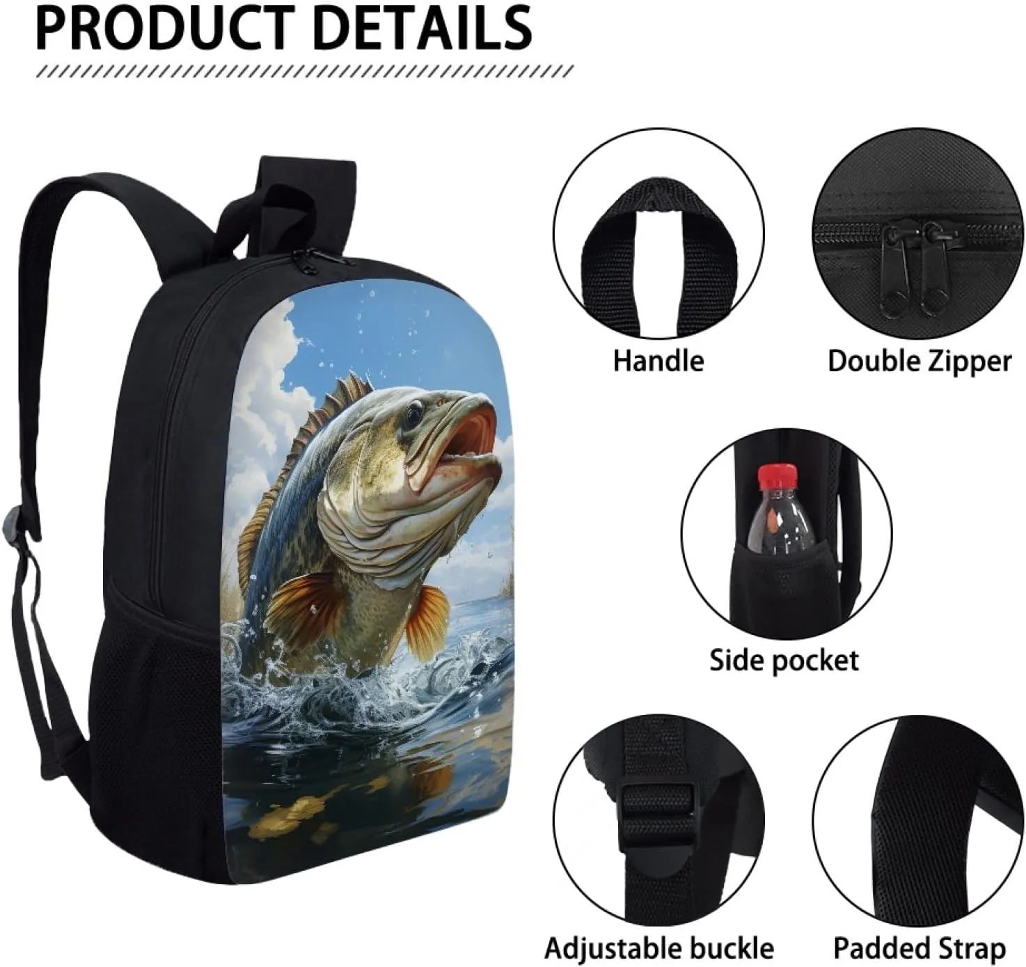 Kids Backpack Print School Bookbag Travel bag for Elementary Students Teens Girls Boys (Bass Fish)