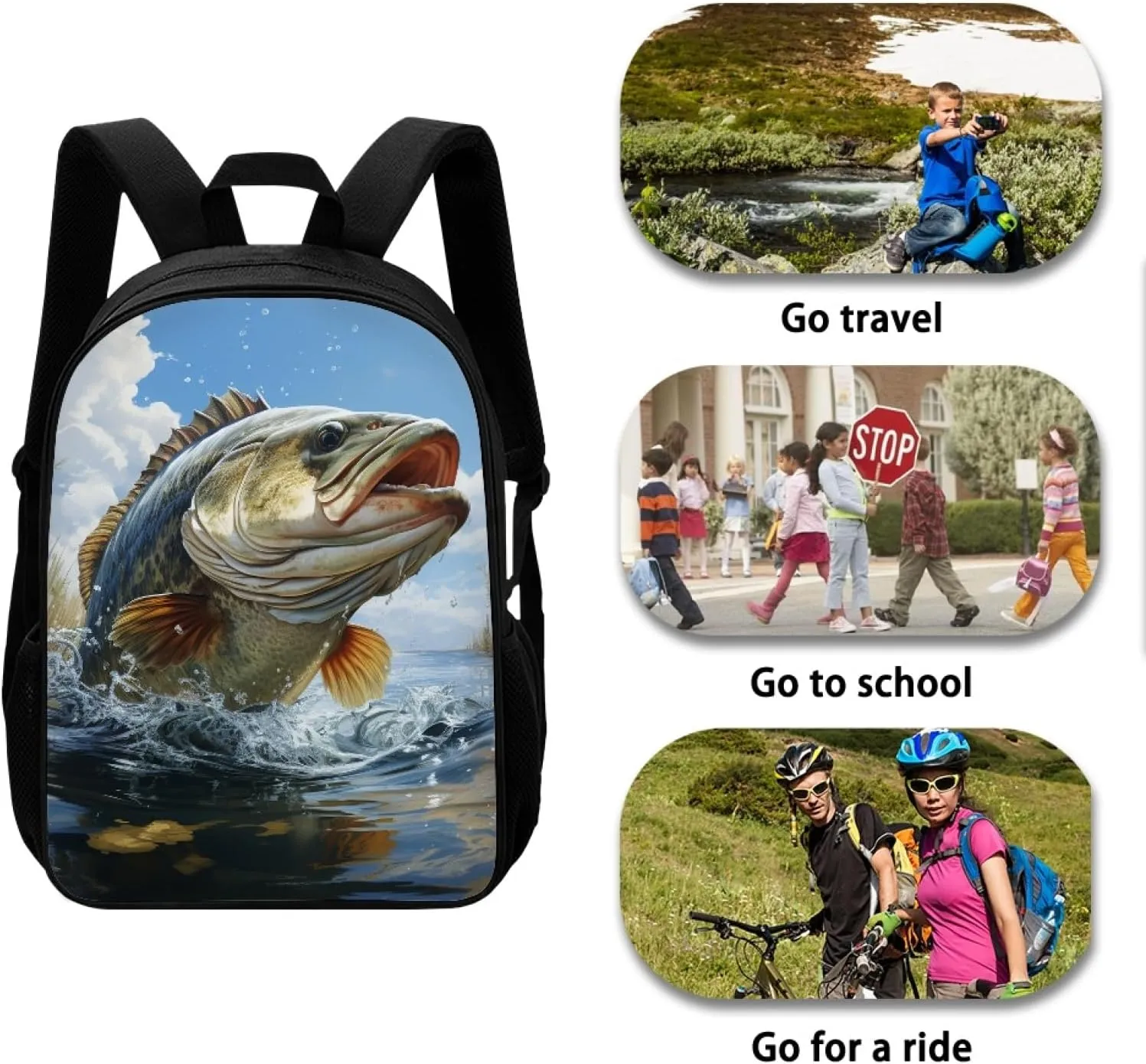 Kids Backpack Print School Bookbag Travel bag for Elementary Students Teens Girls Boys (Bass Fish)