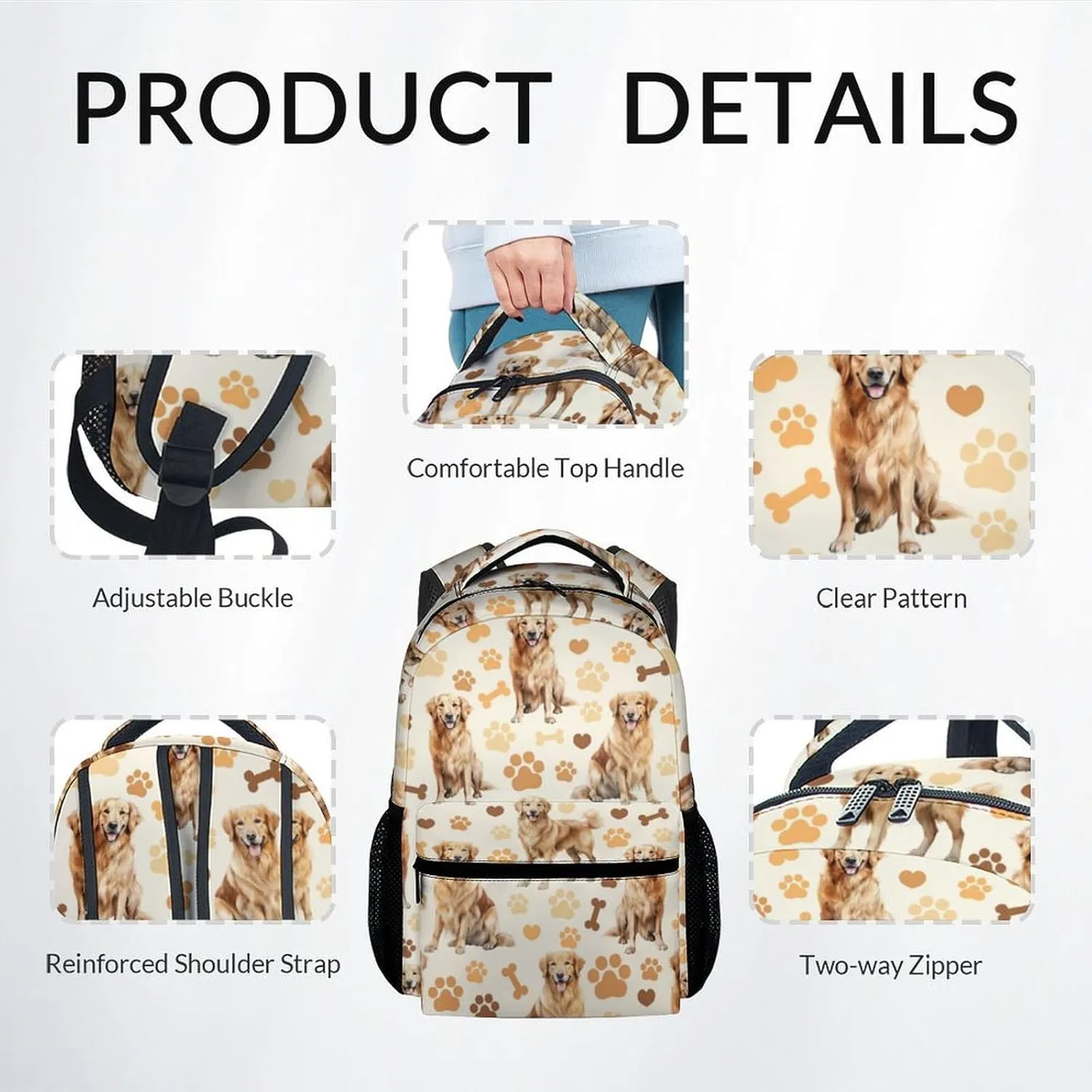 Kids Backpack with Lunch Box, 3 in 1 Cute Dog Bookbag for Elementary Middle, 17 Inch Golden Retrievers School Bag Set for School Travel
