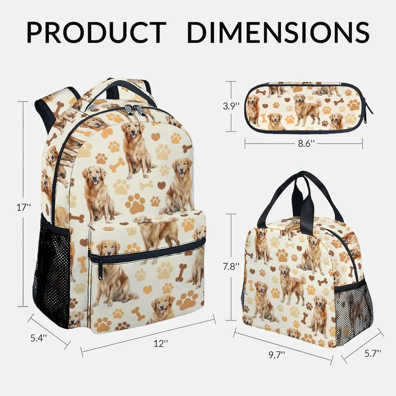 Kids Backpack with Lunch Box, 3 in 1 Cute Dog Bookbag for Elementary Middle, 17 Inch Golden Retrievers School Bag Set for School Travel