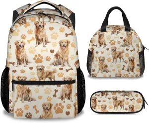 Kids Backpack with Lunch Box, 3 in 1 Cute Dog Bookbag for Elementary Middle, 17 Inch Golden Retrievers School Bag Set for School Travel