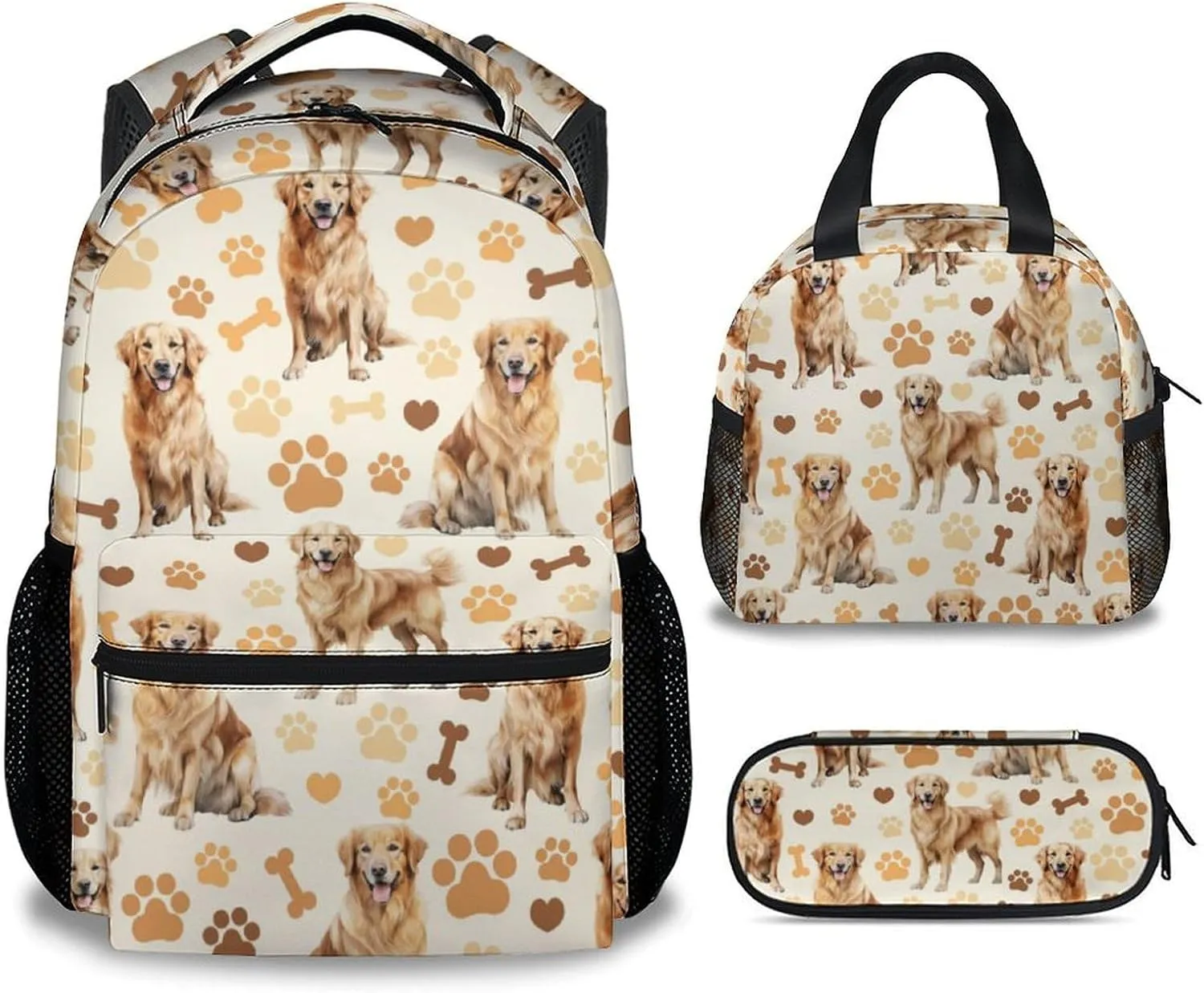 Kids Backpack with Lunch Box, 3 in 1 Cute Dog Bookbag for Elementary Middle, 17 Inch Golden Retrievers School Bag Set for School Travel