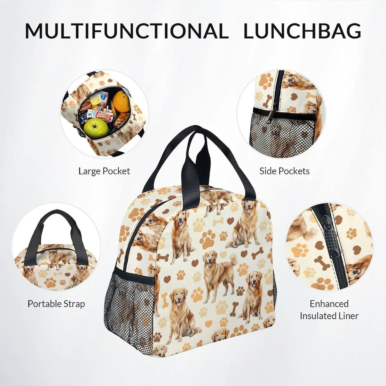 Kids Backpack with Lunch Box, 3 in 1 Cute Dog Bookbag for Elementary Middle, 17 Inch Golden Retrievers School Bag Set for School Travel