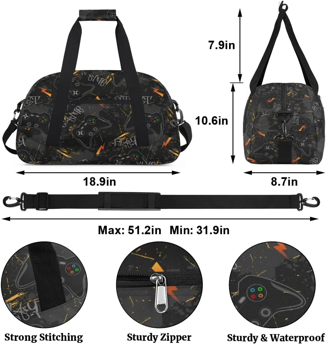 Kids Overnighter Duffel Bags for Boys Girls, Black Video Game Carry-On Size Sports Gym Bag for School Practice or Overnight Travel Weekender Sleepover Workout Tote Bag