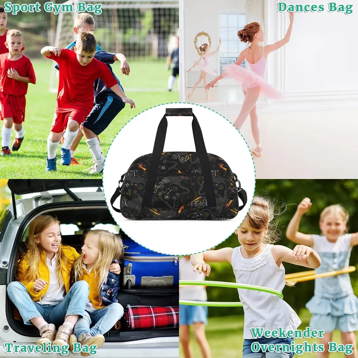 Kids Overnighter Duffel Bags for Boys Girls, Black Video Game Carry-On Size Sports Gym Bag for School Practice or Overnight Travel Weekender Sleepover Workout Tote Bag