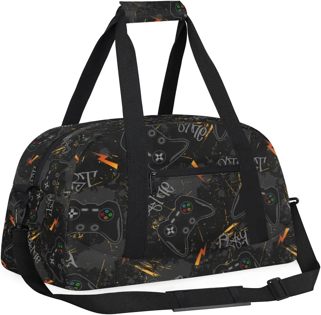 Kids Overnighter Duffel Bags for Boys Girls, Black Video Game Carry-On Size Sports Gym Bag for School Practice or Overnight Travel Weekender Sleepover Workout Tote Bag