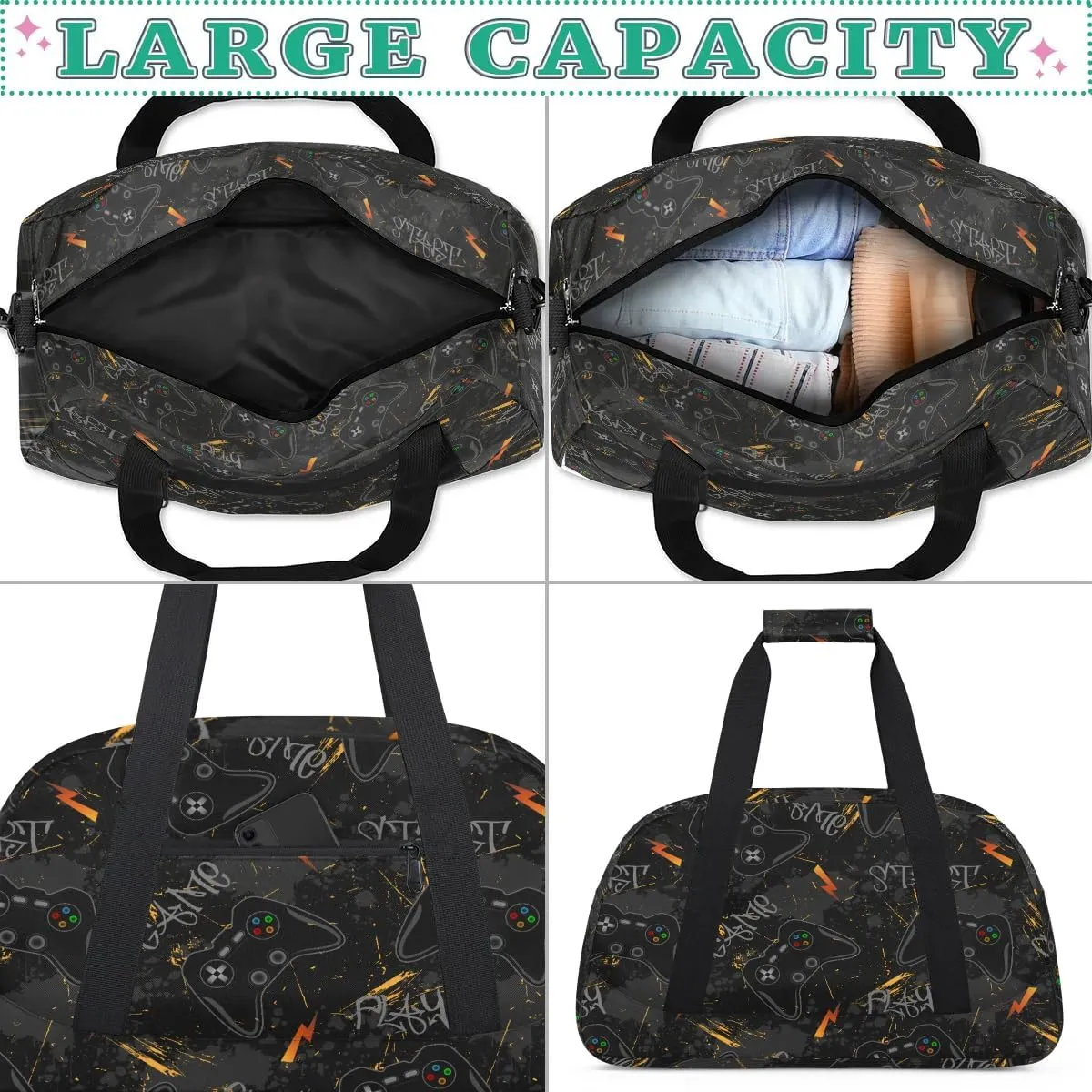 Kids Overnighter Duffel Bags for Boys Girls, Black Video Game Carry-On Size Sports Gym Bag for School Practice or Overnight Travel Weekender Sleepover Workout Tote Bag