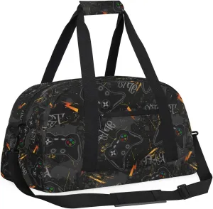 Kids Overnighter Duffel Bags for Boys Girls, Black Video Game Carry-On Size Sports Gym Bag for School Practice or Overnight Travel Weekender Sleepover Workout Tote Bag
