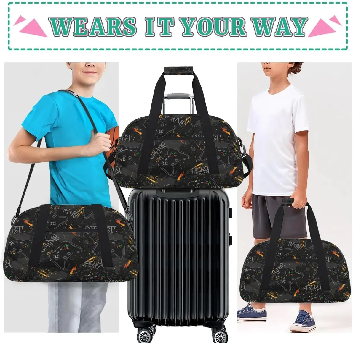 Kids Overnighter Duffel Bags for Boys Girls, Black Video Game Carry-On Size Sports Gym Bag for School Practice or Overnight Travel Weekender Sleepover Workout Tote Bag