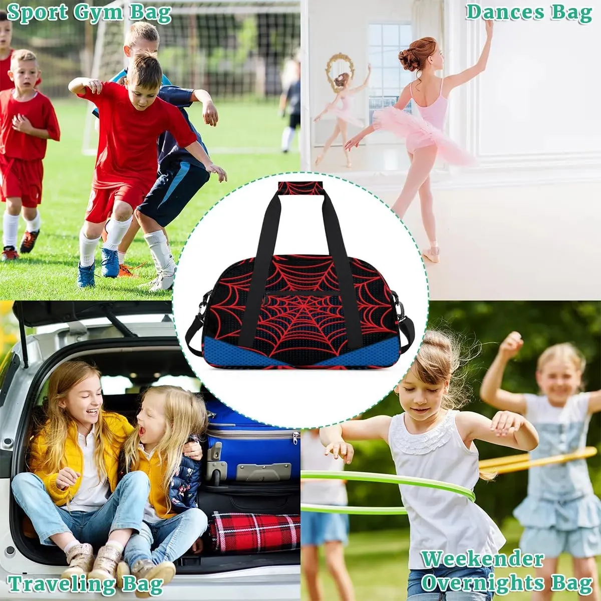 Kids Overnighter Duffel Bags for Boys Girls, Carry-On Size Sports Gym Bag for School Practice or Overnight Travel Weekender Sleepover Workout Tote Bag (Black Spider Web)