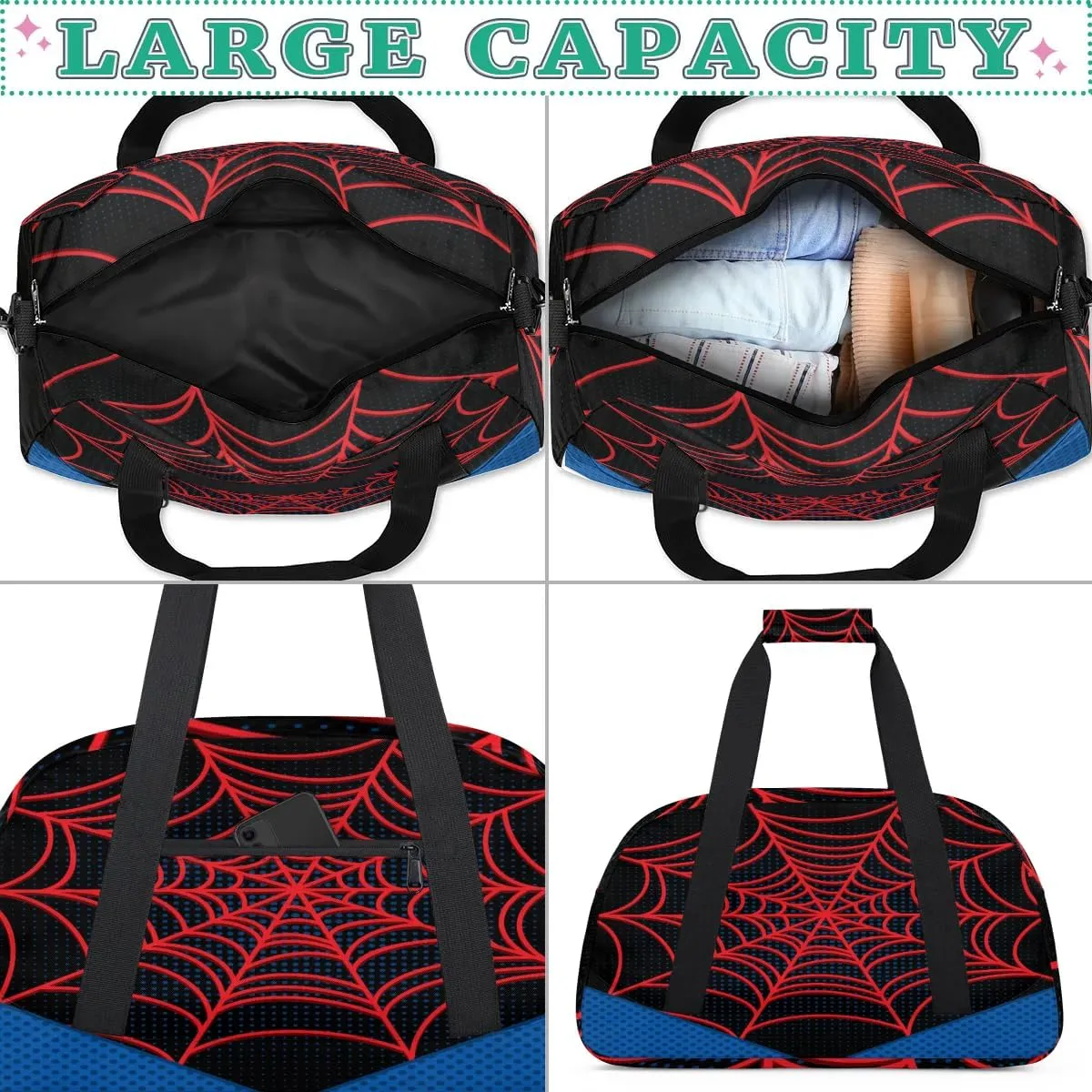 Kids Overnighter Duffel Bags for Boys Girls, Carry-On Size Sports Gym Bag for School Practice or Overnight Travel Weekender Sleepover Workout Tote Bag (Black Spider Web)