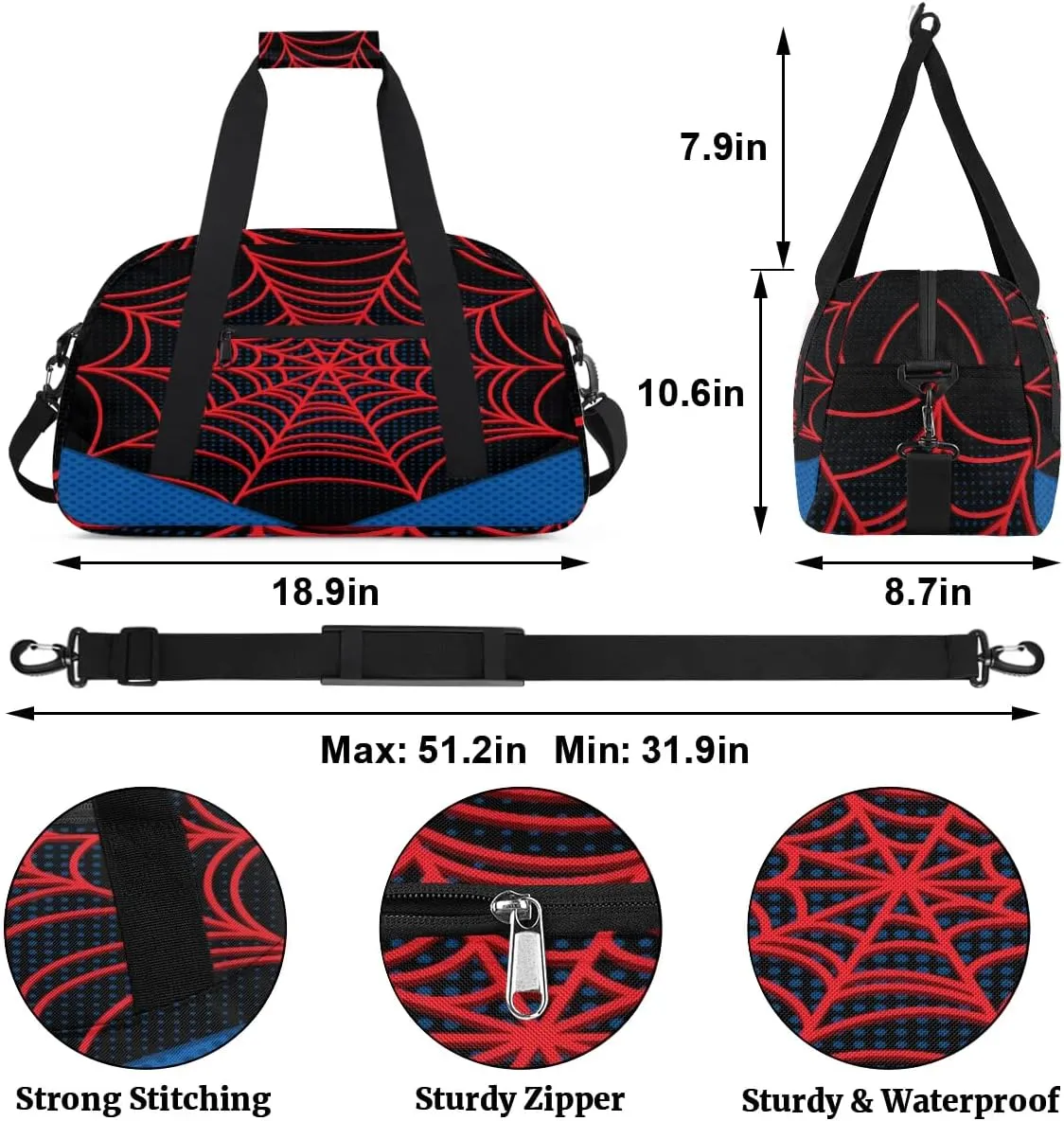 Kids Overnighter Duffel Bags for Boys Girls, Carry-On Size Sports Gym Bag for School Practice or Overnight Travel Weekender Sleepover Workout Tote Bag (Black Spider Web)