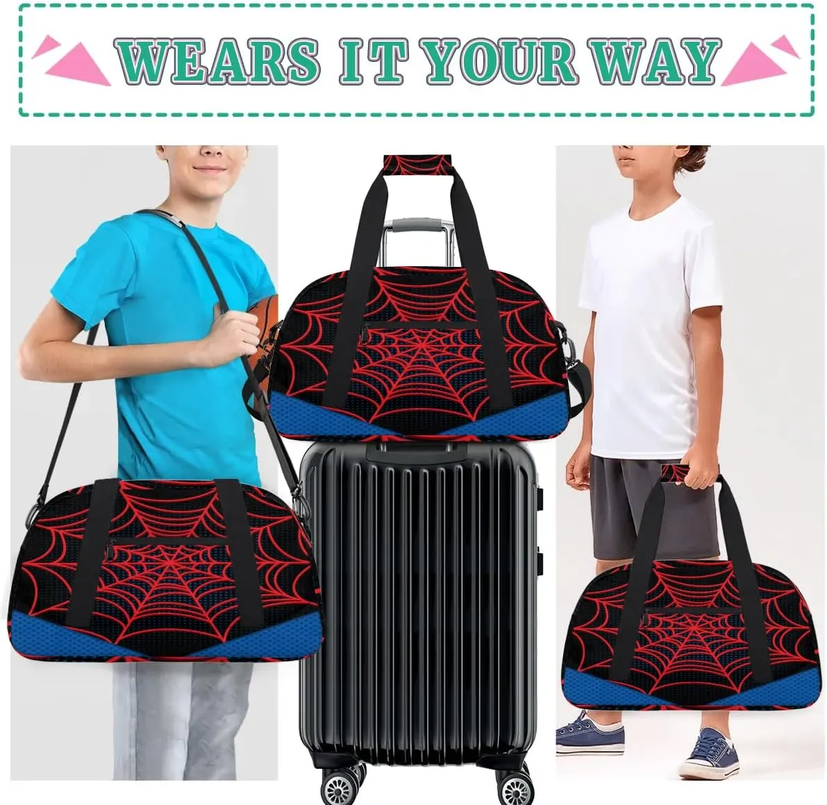 Kids Overnighter Duffel Bags for Boys Girls, Carry-On Size Sports Gym Bag for School Practice or Overnight Travel Weekender Sleepover Workout Tote Bag (Black Spider Web)