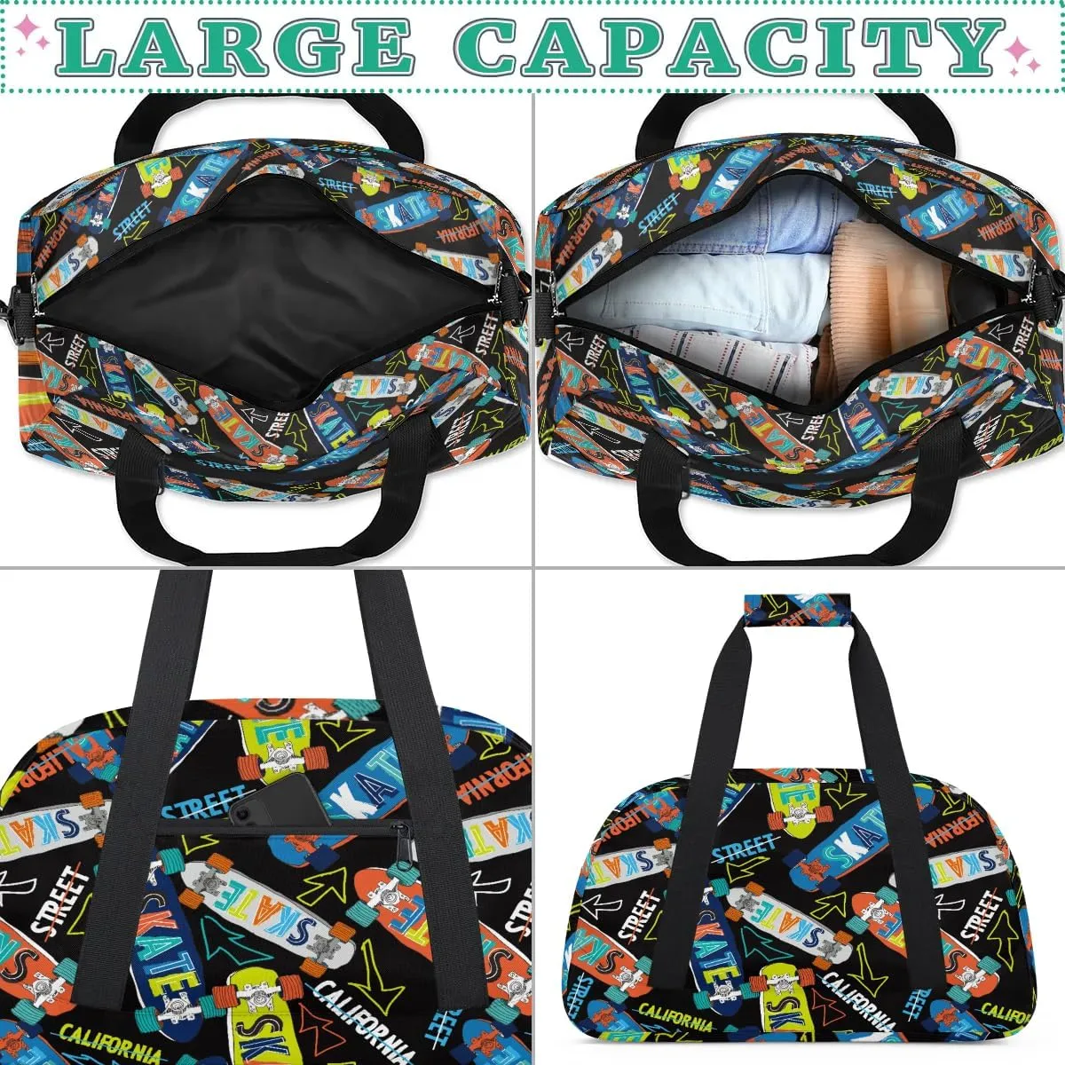 Kids Overnighter Duffel Bags for Boys Girls, Carry-On Size Sports Gym Bag for School Practice or Overnight Travel Weekender Sleepover Workout Tote Bag, Skateboarding Sports