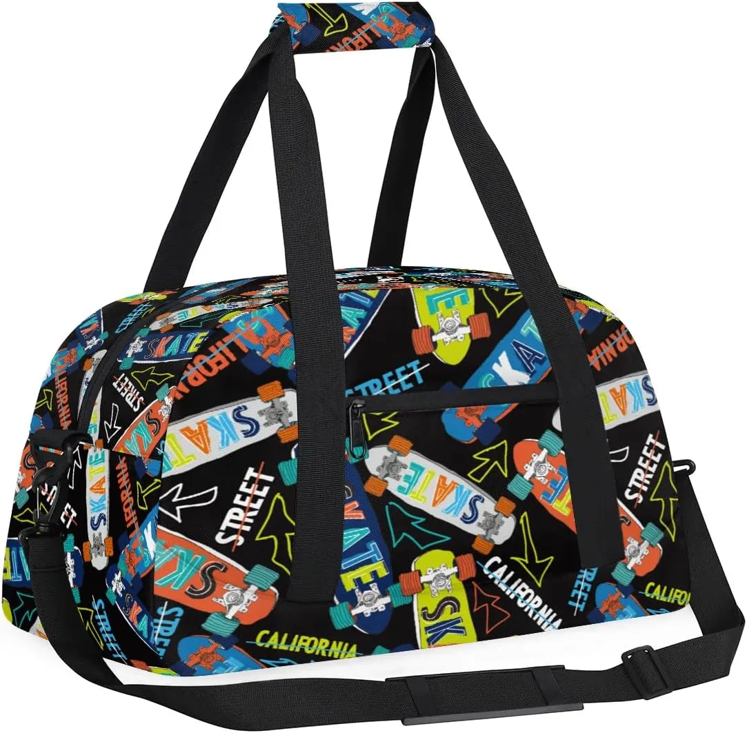 Kids Overnighter Duffel Bags for Boys Girls, Carry-On Size Sports Gym Bag for School Practice or Overnight Travel Weekender Sleepover Workout Tote Bag, Skateboarding Sports