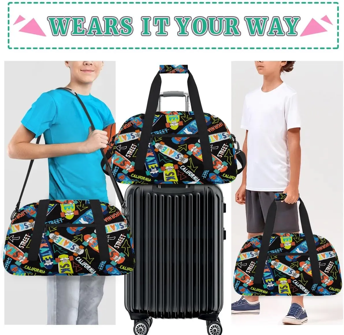 Kids Overnighter Duffel Bags for Boys Girls, Carry-On Size Sports Gym Bag for School Practice or Overnight Travel Weekender Sleepover Workout Tote Bag, Skateboarding Sports