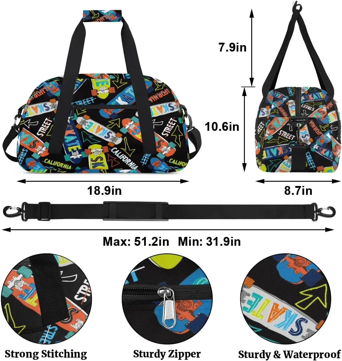 Kids Overnighter Duffel Bags for Boys Girls, Carry-On Size Sports Gym Bag for School Practice or Overnight Travel Weekender Sleepover Workout Tote Bag, Skateboarding Sports