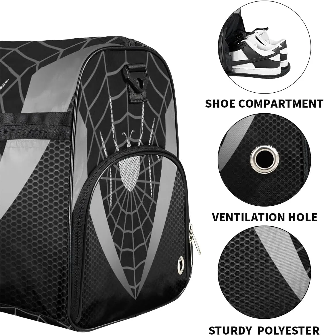 Kids Overnighter Duffel Bags for Boys Teens, Gray Spider Web Carry-On Size Sports Gym Bag with Shoe Compartments for School Practice or Overnight Travel Weekender Sleepover Tote Bag