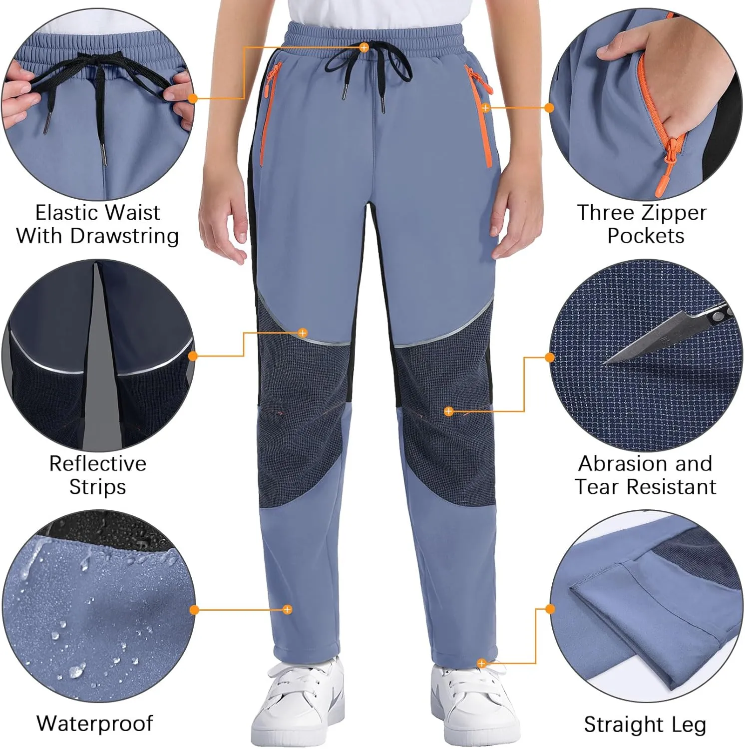 Kids Pants Quick Dry Hiking Outdoor Lightweight Uniform Pants for Boys Girls Joggers with 3 Zipper Pockets