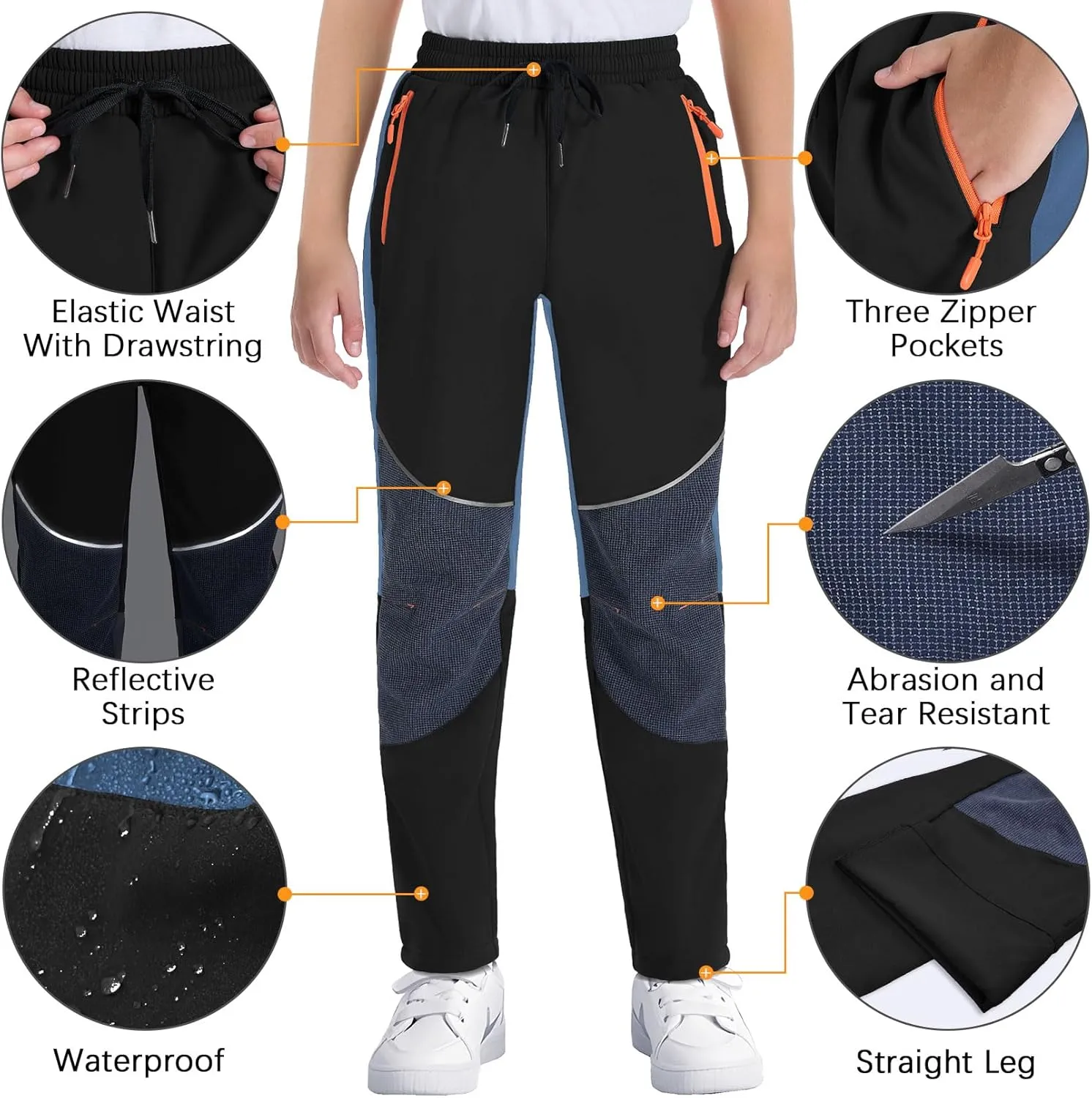 Kids Pants Quick Dry Hiking Outdoor Lightweight Uniform Pants for Boys Girls Joggers with 3 Zipper Pockets