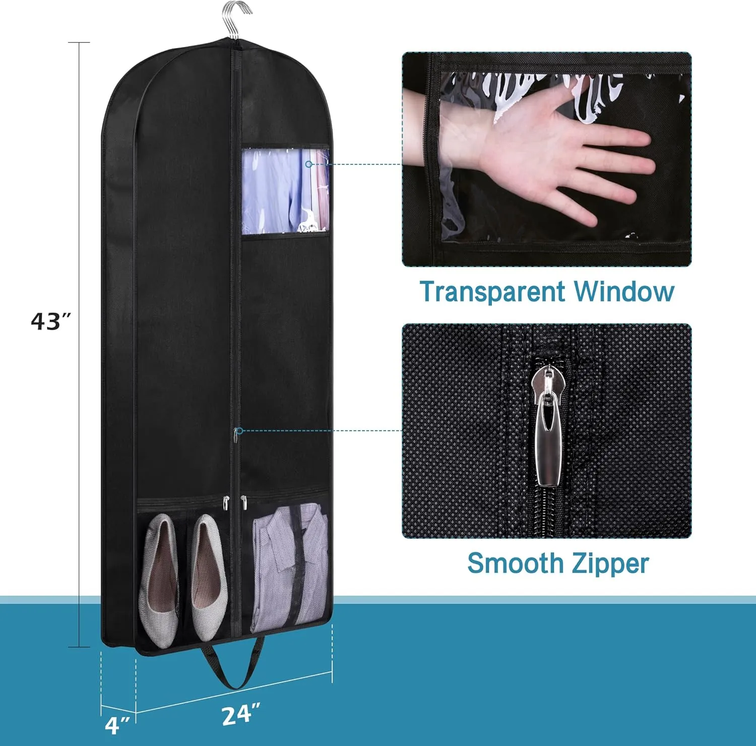 KIMBORA 43" Suit Bags for Closet Storage and Travel, Gusseted Mesh Hanging Garment Bags for Men Suit Cover With Handles for Clothes, Coats, Jackets, Shirts（3 Packs，Black）