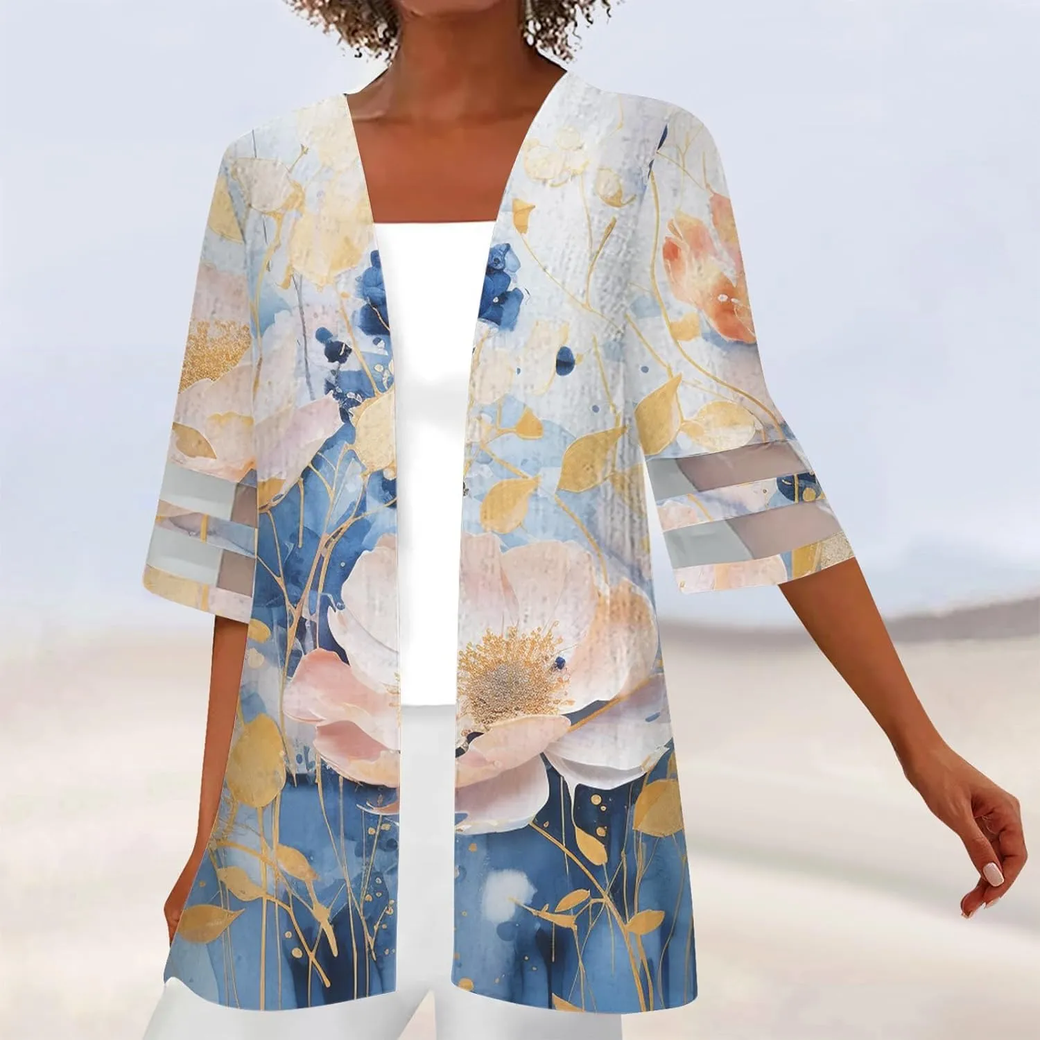 Kimono Cardigans for Women Summer Bathing Suit Lace Cardigans Boho Striped 3/4 Length Open Front Cover Ups 2025 Blouse