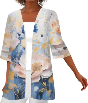 Kimono Cardigans for Women Summer Bathing Suit Lace Cardigans Boho Striped 3/4 Length Open Front Cover Ups 2025 Blouse