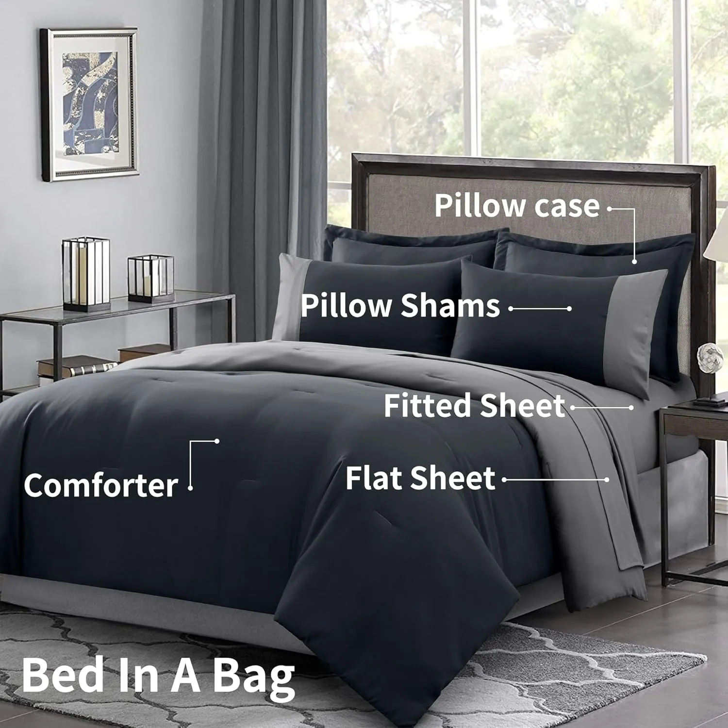 Kingsley Trend 5-Piece Twin Comforter Set - Twin Sized Bed-in-a-Bag, Two Tone Reversible Grey Twin Bedding Sets with Comforter, Flat & Fitted Sheets, Pillow Shams & Cases, All Season, Machine Washable