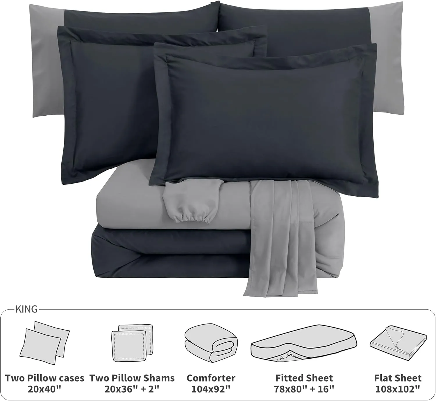 Kingsley Trend 5-Piece Twin Comforter Set - Twin Sized Bed-in-a-Bag, Two Tone Reversible Grey Twin Bedding Sets with Comforter, Flat & Fitted Sheets, Pillow Shams & Cases, All Season, Machine Washable