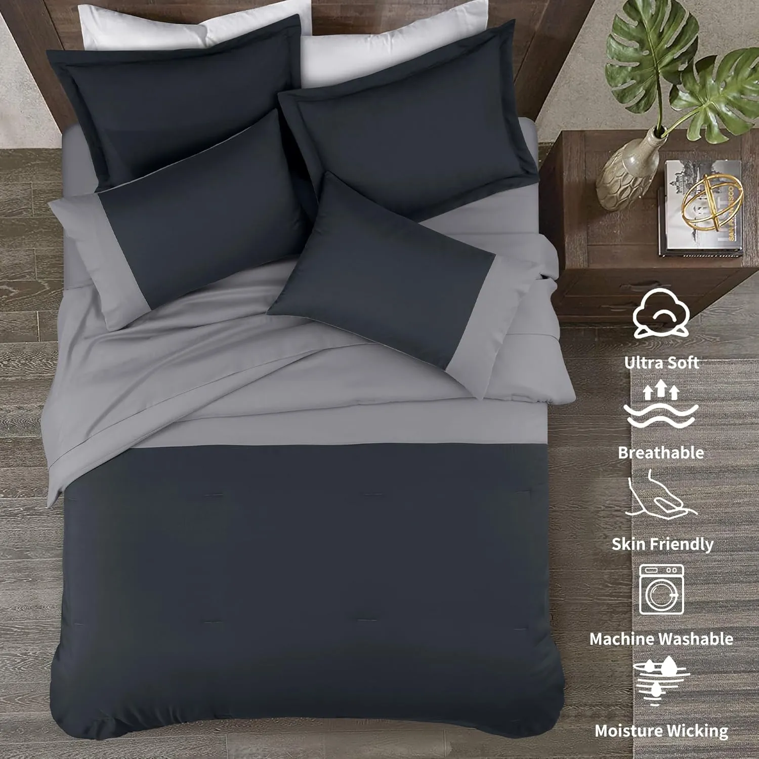 Kingsley Trend 5-Piece Twin Comforter Set - Twin Sized Bed-in-a-Bag, Two Tone Reversible Grey Twin Bedding Sets with Comforter, Flat & Fitted Sheets, Pillow Shams & Cases, All Season, Machine Washable