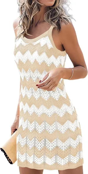 KIRUNDO Swimsuit Coverup for Women 2025 Summer Mini Crochet Knit Bathing Suit Striped Sleeveless Beach Vacation Tank Dress