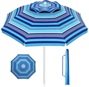 Kisangel 6.5ft Beach Umbrella Striped Sand Umbrella UV Protection Breathable Tilt Sun Shelter for Outdoor Backyard Pool Travel (Royal-blue)