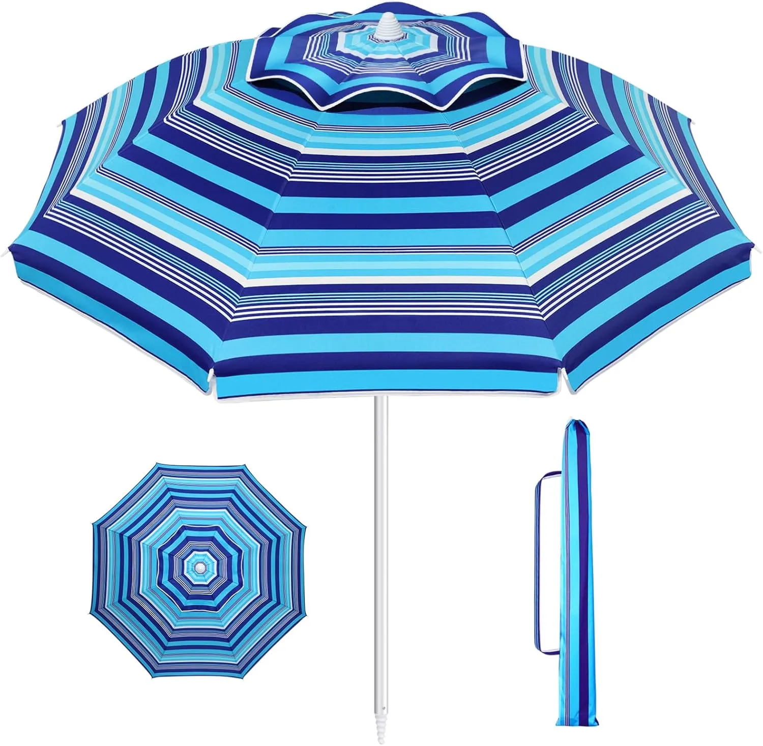 Kisangel 6.5ft Beach Umbrella Striped Sand Umbrella UV Protection Breathable Tilt Sun Shelter for Outdoor Backyard Pool Travel (Royal-blue)