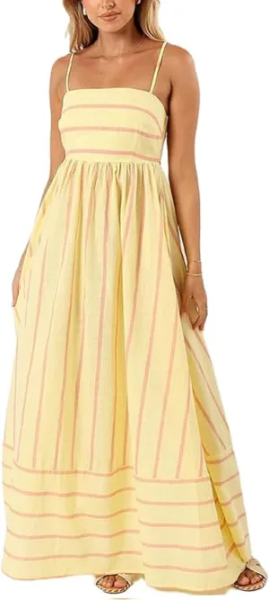 KMBANGI Women Striped Sleeveless Maxi Dress Swing Aline Midi Dress Backless Smocked Spaghetti Strap Boho Flowy Sundress