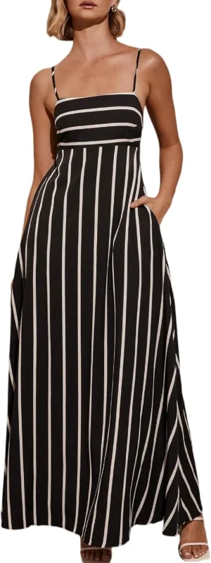 KMBANGI Women Striped Sleeveless Maxi Dress Swing Aline Midi Dress Backless Smocked Spaghetti Strap Boho Flowy Sundress