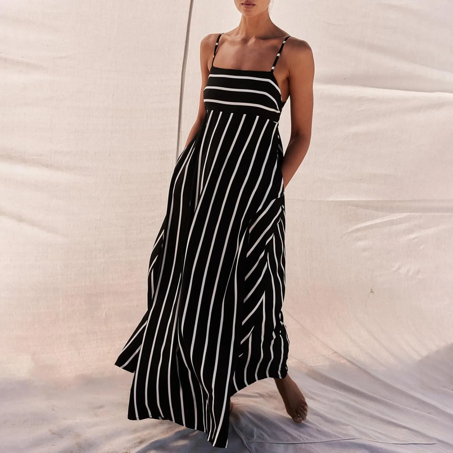 KMBANGI Women Striped Sleeveless Maxi Dress Swing Aline Midi Dress Backless Smocked Spaghetti Strap Boho Flowy Sundress