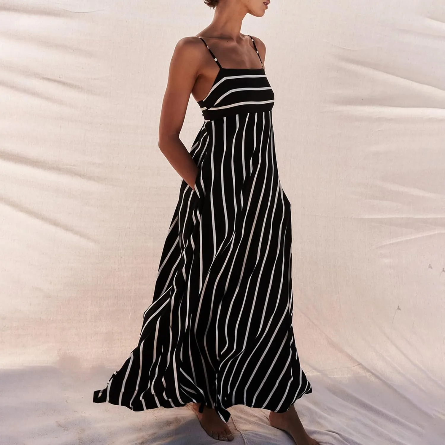 KMBANGI Women Striped Sleeveless Maxi Dress Swing Aline Midi Dress Backless Smocked Spaghetti Strap Boho Flowy Sundress