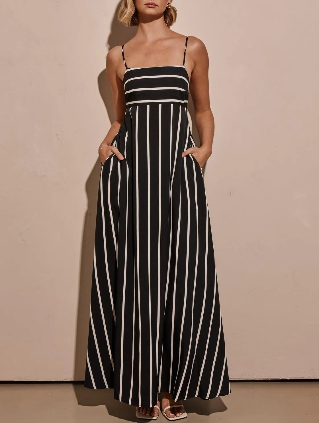 KMBANGI Women Striped Sleeveless Maxi Dress Swing Aline Midi Dress Backless Smocked Spaghetti Strap Boho Flowy Sundress