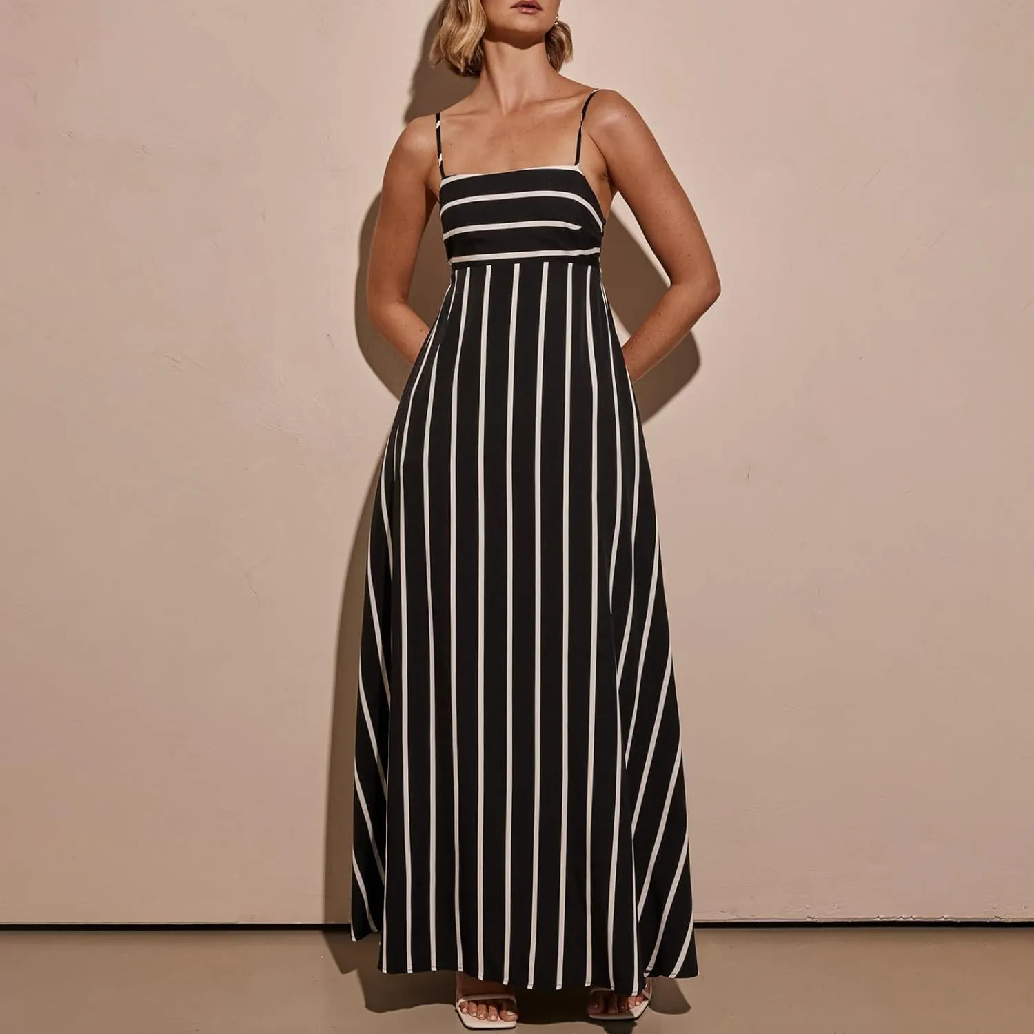 KMBANGI Women Striped Sleeveless Maxi Dress Swing Aline Midi Dress Backless Smocked Spaghetti Strap Boho Flowy Sundress
