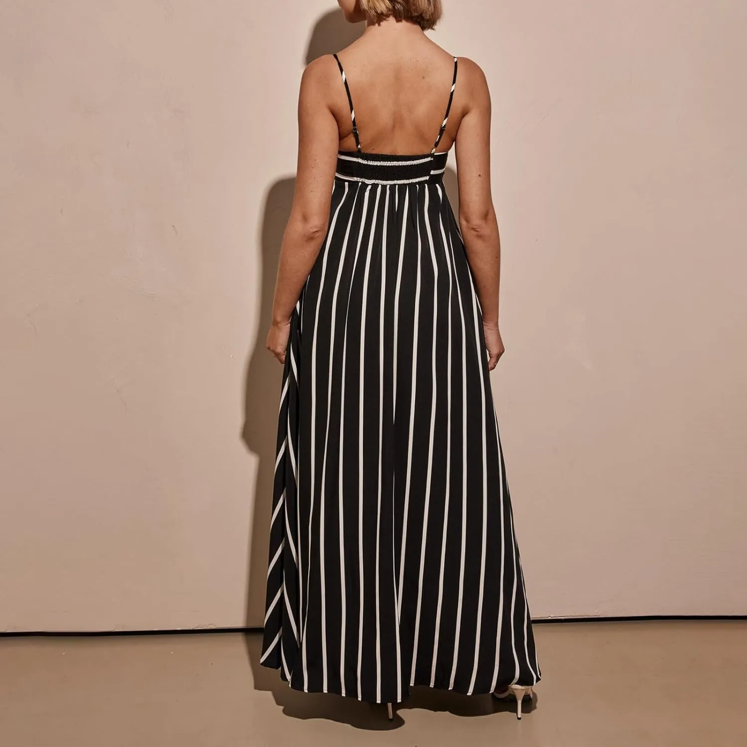 KMBANGI Women Striped Sleeveless Maxi Dress Swing Aline Midi Dress Backless Smocked Spaghetti Strap Boho Flowy Sundress